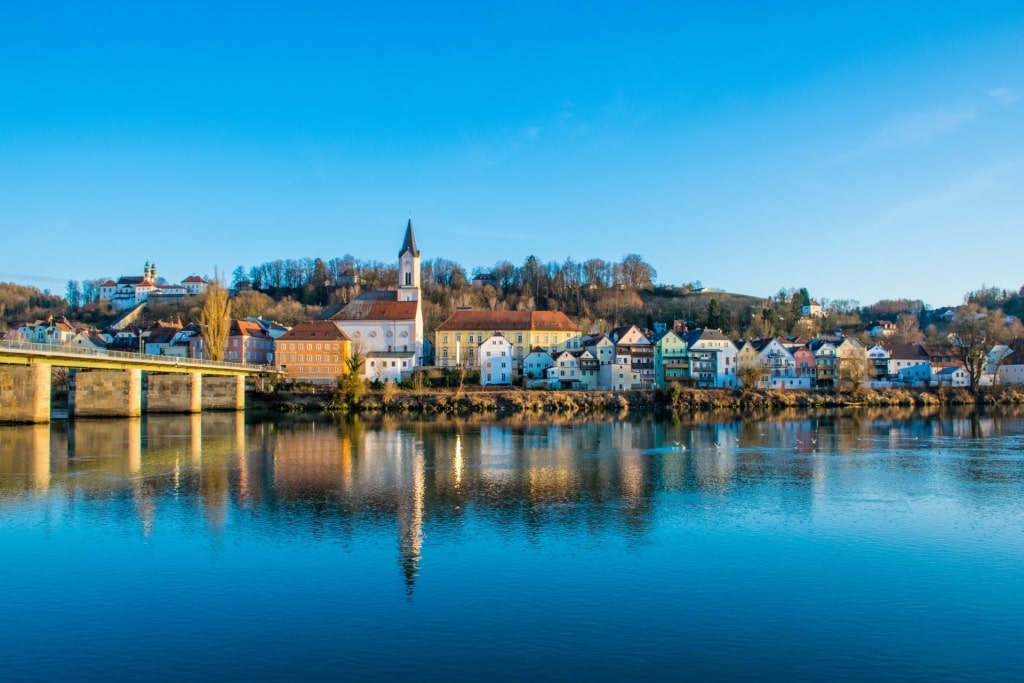 Scenic view of traditional Bavarian houses by the Danube River in Old Town Passau, Germany