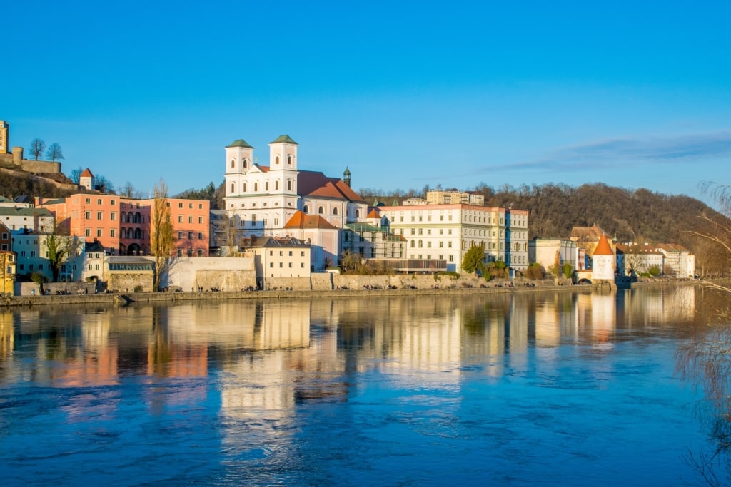Historic buildings along the Inn River waterfront in Passau