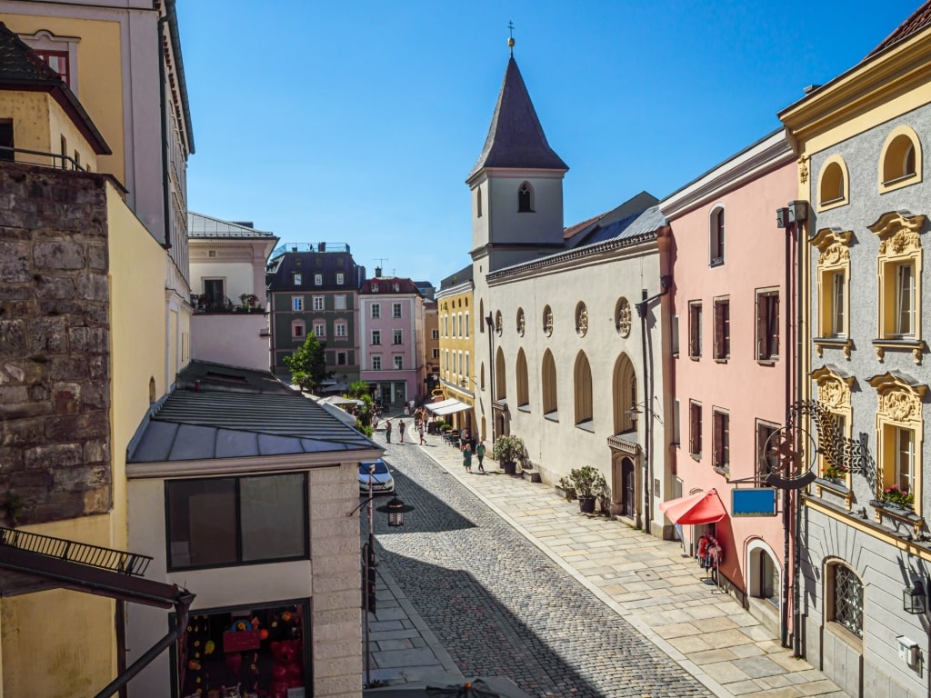 Historic Old Town of Passau, Germany with colorful medieval buildings