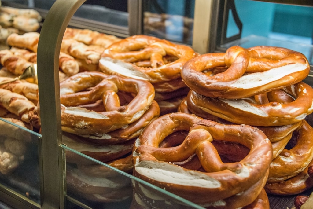 Traditional soft pretzels on display at bakery
