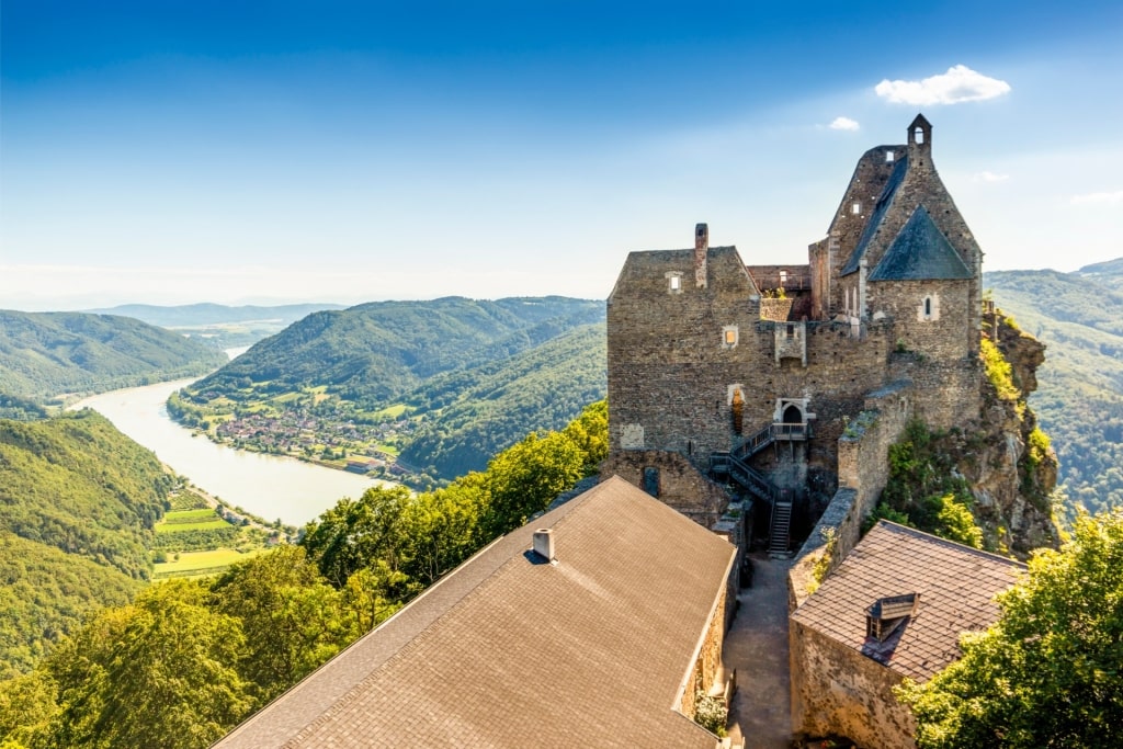 Scenic landscape of Aggstein Castle overlooking the river