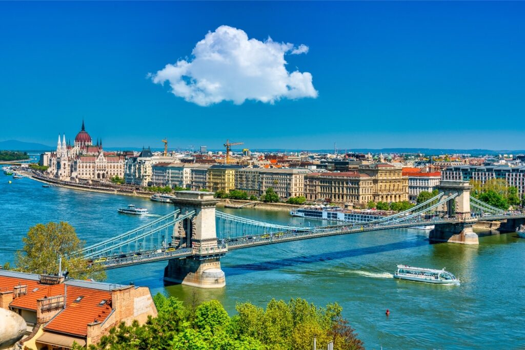 Riverfront in Budapest, Hungary, with bridges and landmarks