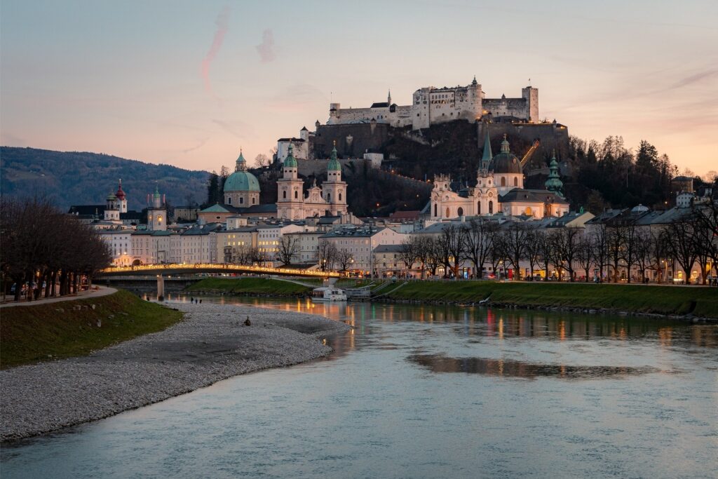 Scenic view of Hohensalzburg Fortress with river below
