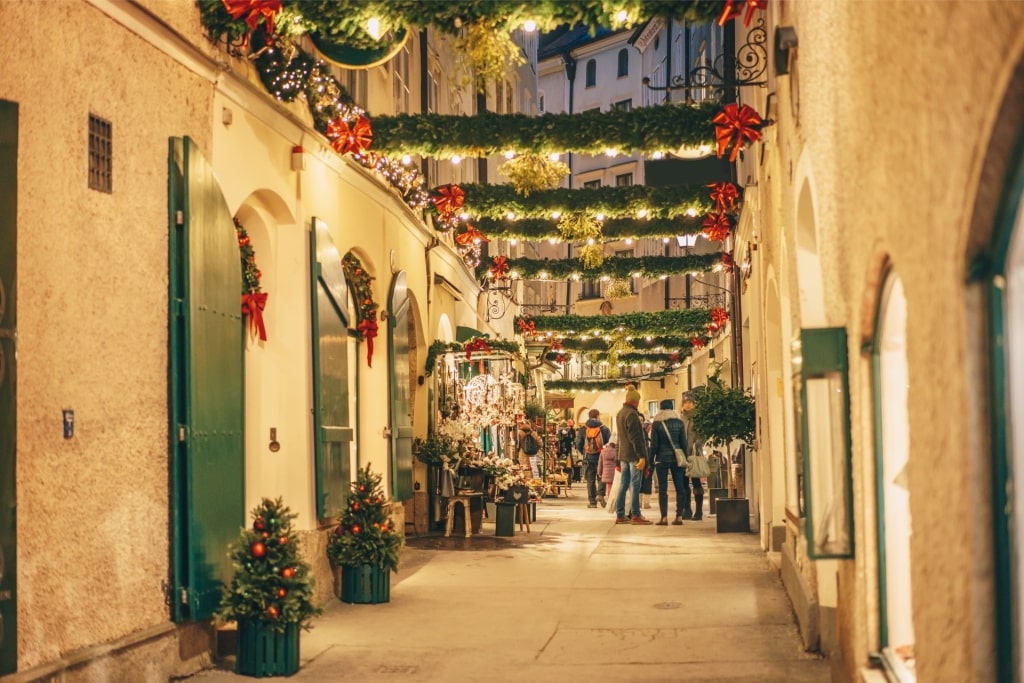 Festive shops and Christmas lights in Old Town Salzburg