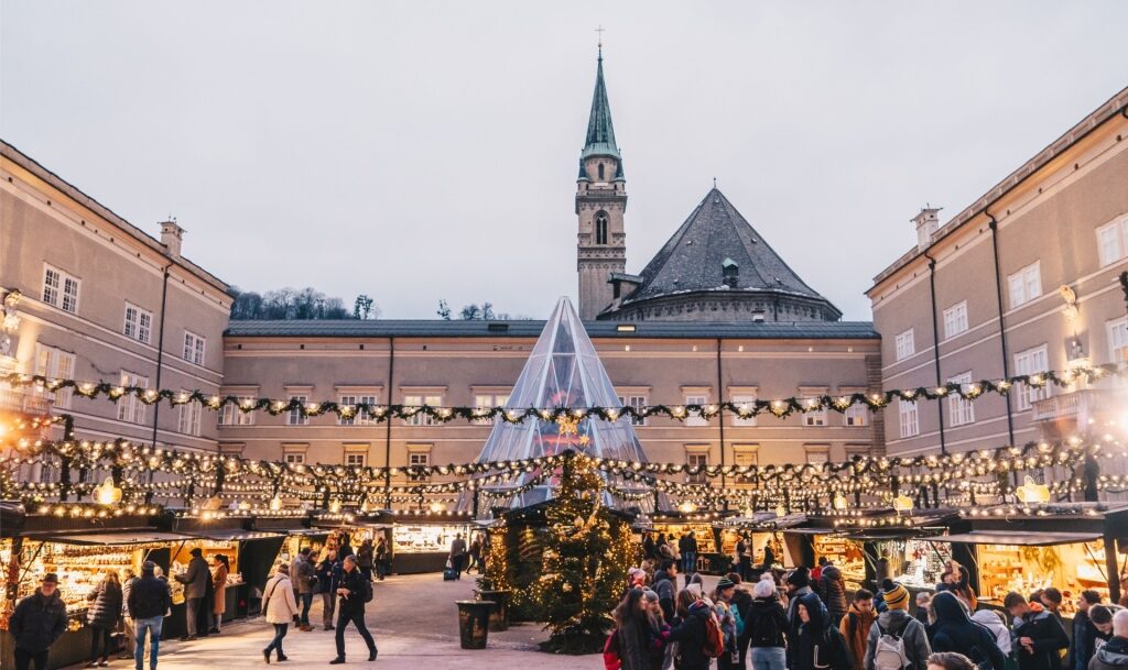 Festive stalls and lights at Salzburger Christkindlmarkt