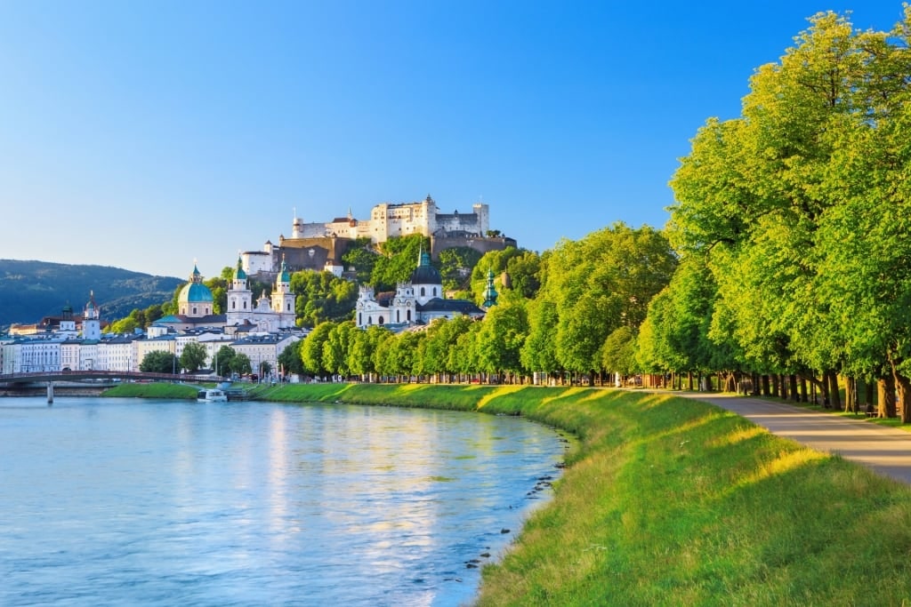 Scenic riverside view of Salzburg