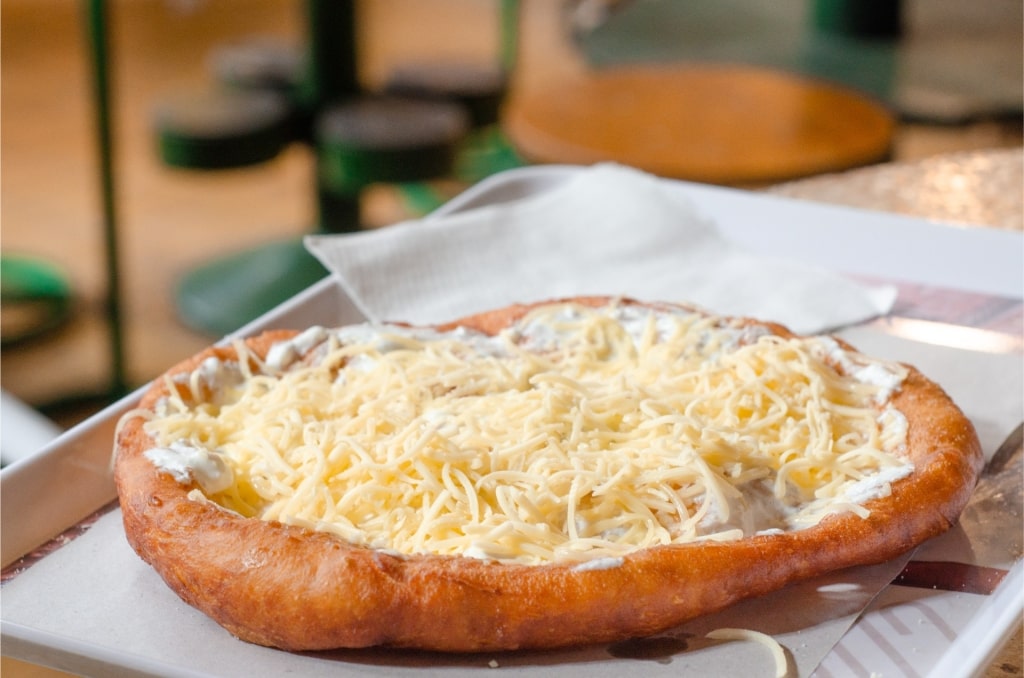 Traditional Hungarian lángos fried flatbread in Budapest