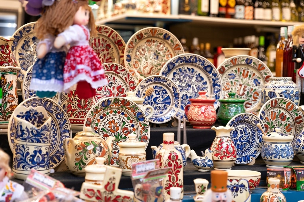 Traditional Hungarian tableware selection at Budapest Central Market