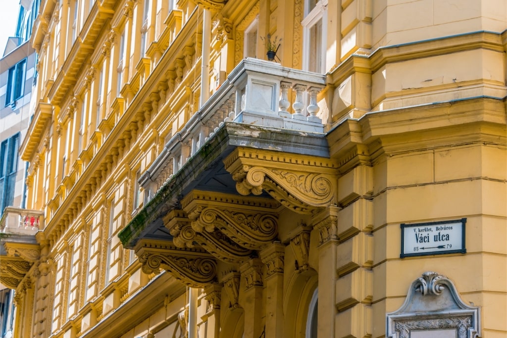 Detailed view of historic buildings on Váci Street in Budapest