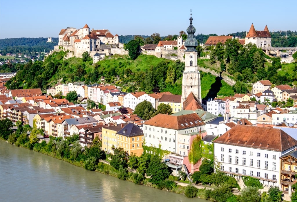 Historic buildings along the waterfront of Burghausen