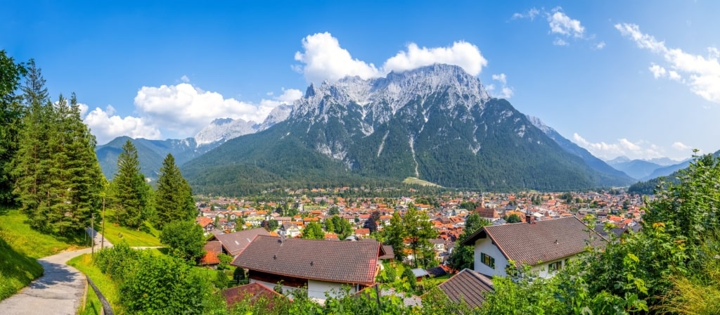 Scenic landscape of Mittenwald town with mountains