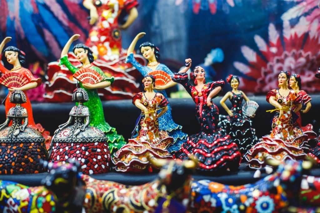 Colorful Catalan porcelain flamenco dancer figures as traditional souvenirs from Barcelona