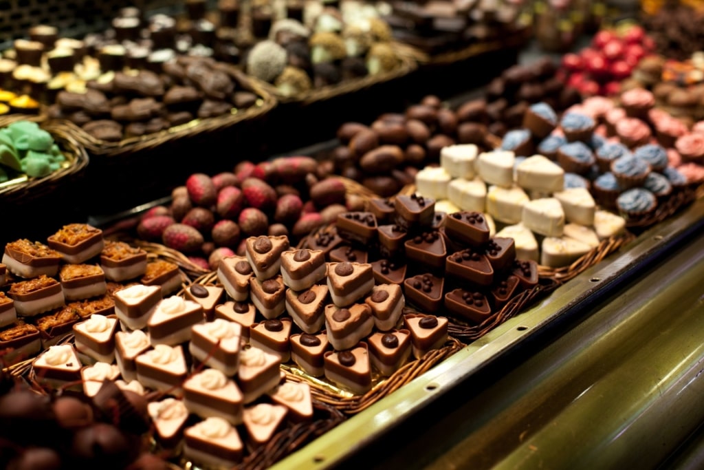 Assorted chocolates displayed at La Boqueria market in Barcelona