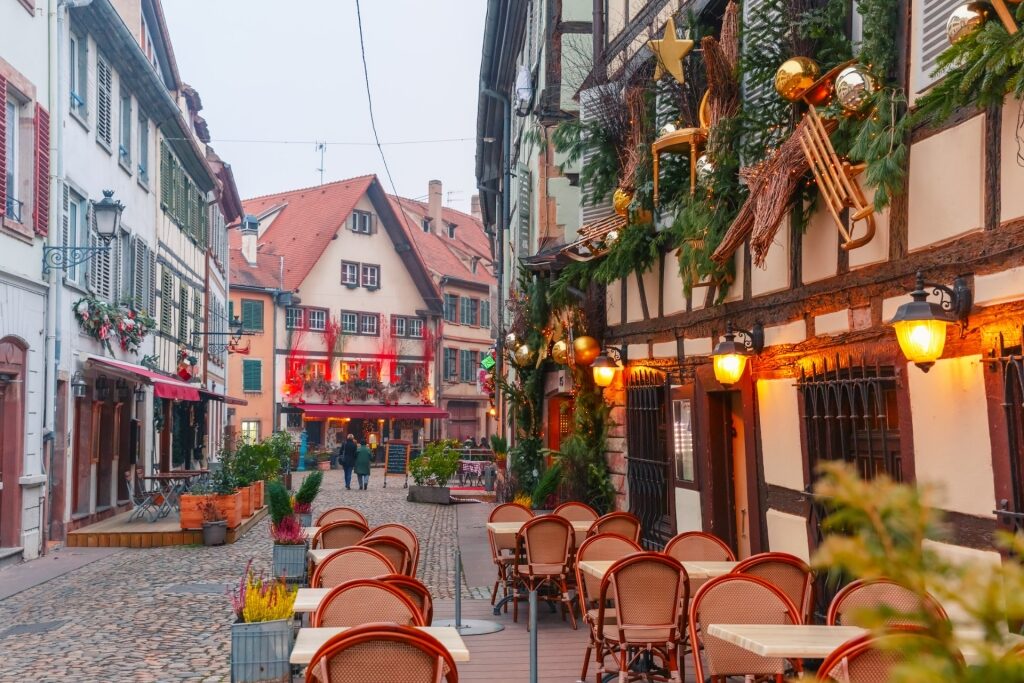 Street in Strasbourg decorated with Christmas items