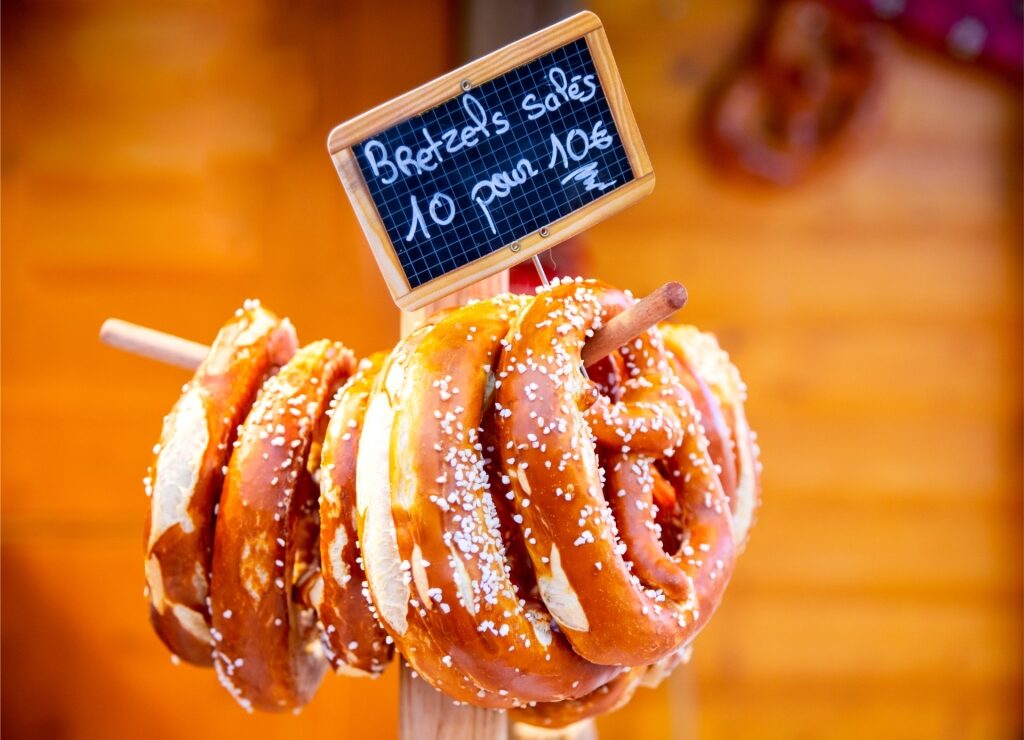 Freshly made bretzels at a market in Strasbourg