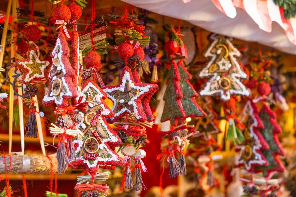 Christmas decorations for sale at a market