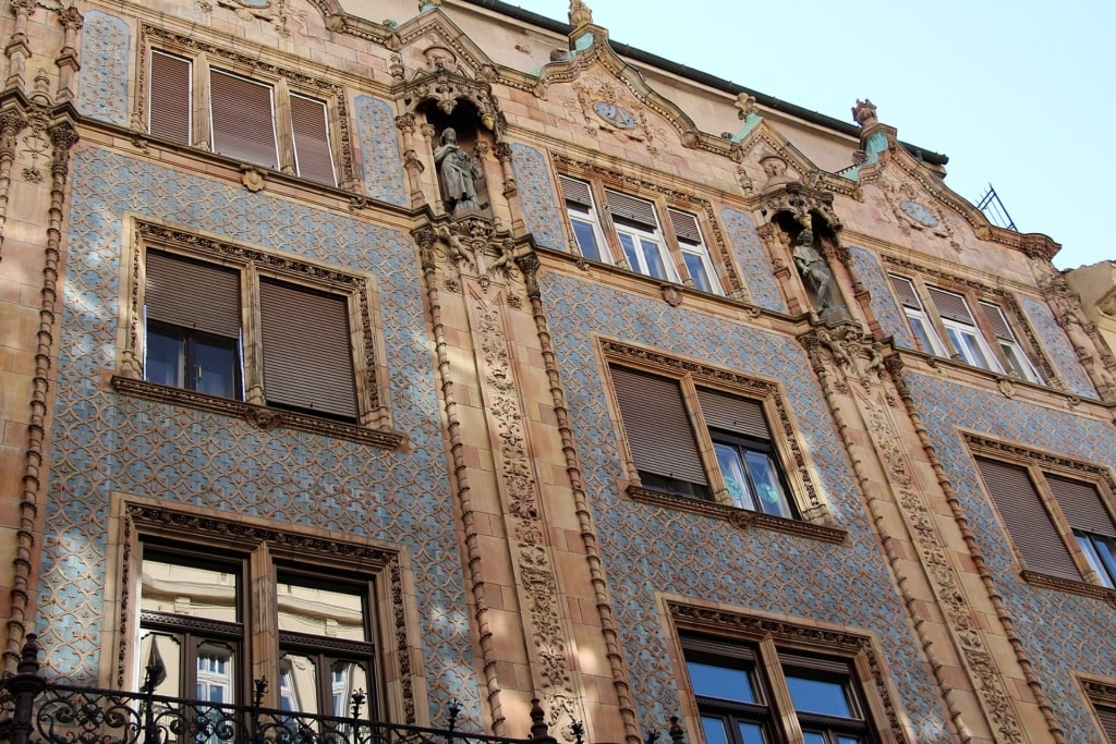 Facade of Ödön Lechner’s Thonet House with Art Nouveau design in Budapest