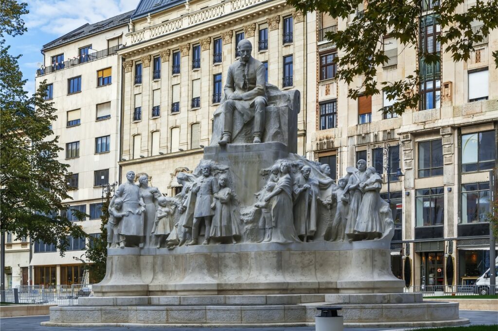 Statue of poet Mihály Vörösmarty at Vörösmarty Square in Budapest