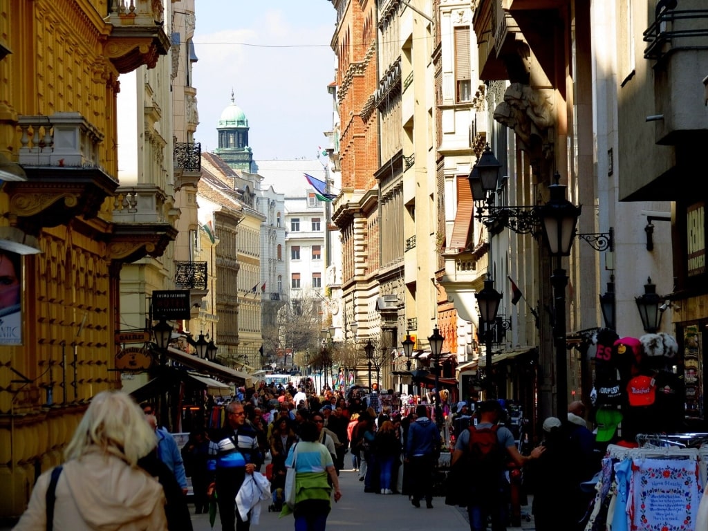 Bustling Váci Street shopping promenade in Budapest