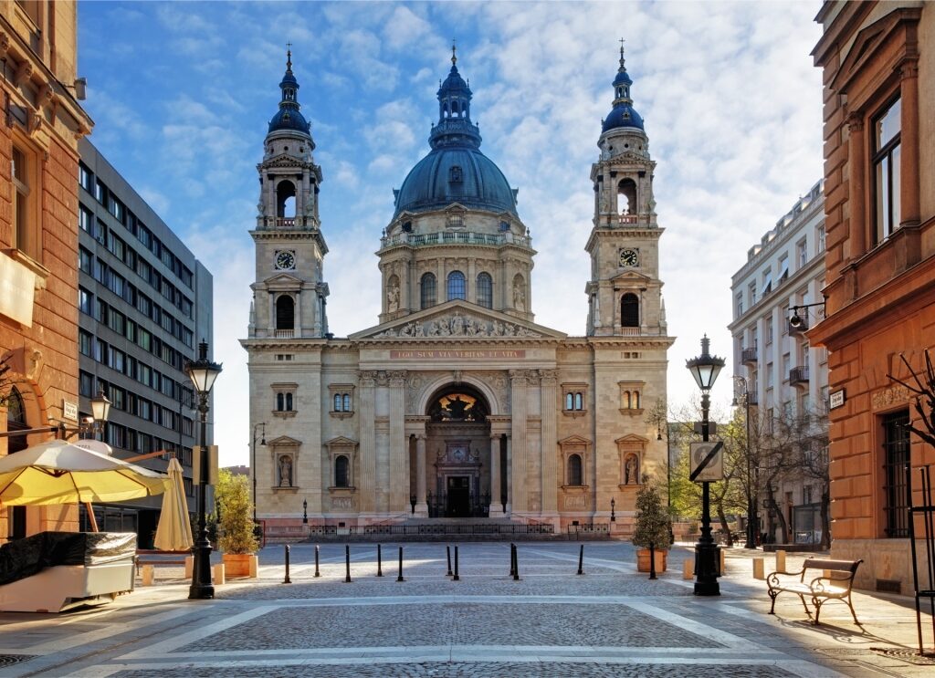 Exterior view of St. Stephen’s Basilica with grand dome in Budapest