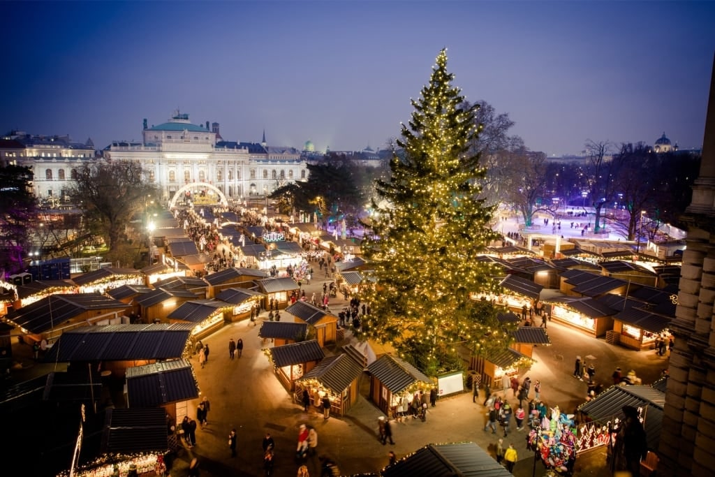 Festive stalls at Vienna Christmas market