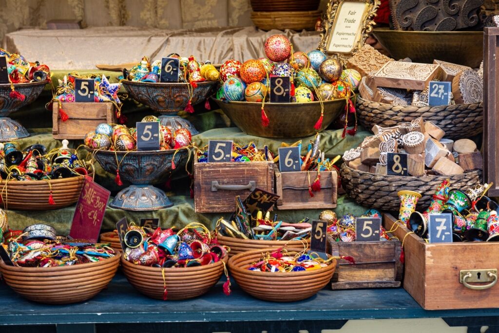 Festive decorations for sale at Vienna Christmas market
