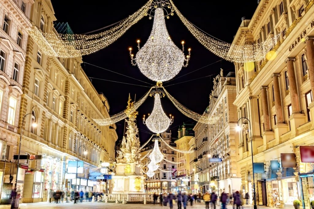 Festive Christmas lights at Graben shopping street Vienna