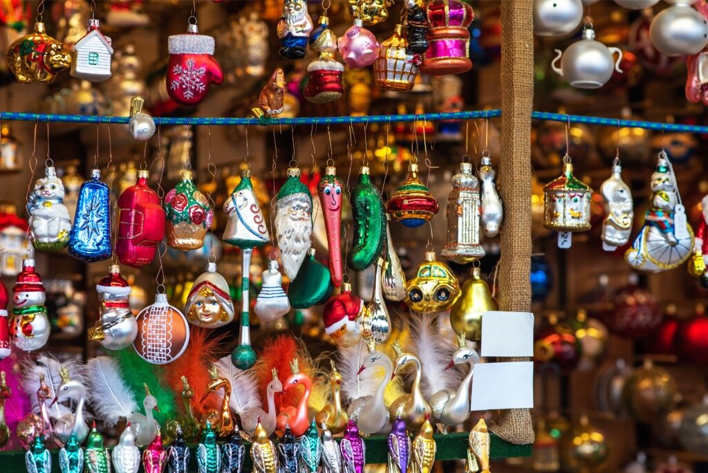 Colorful Christmas decorations in Vienna market stalls
