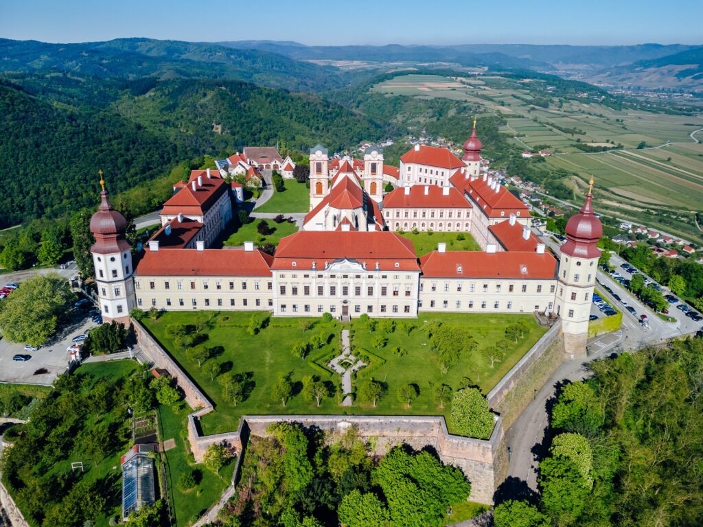 Picturesque landscape of Göttweig Abbey atop a hill