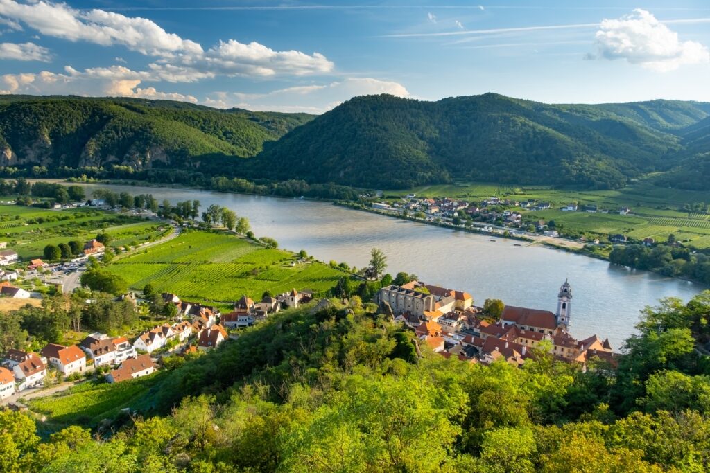 Scenic landscape of Dürnstein in Wachau Valley with view of the river