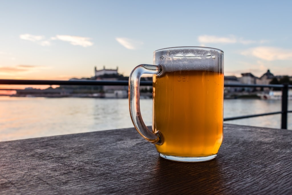 Cold glass of beer, Bratislava Castle and Danube River in background