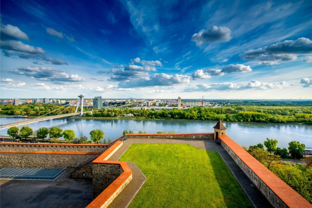 Panoramic view of Bratislava city and Danube River from Bratislava Castle