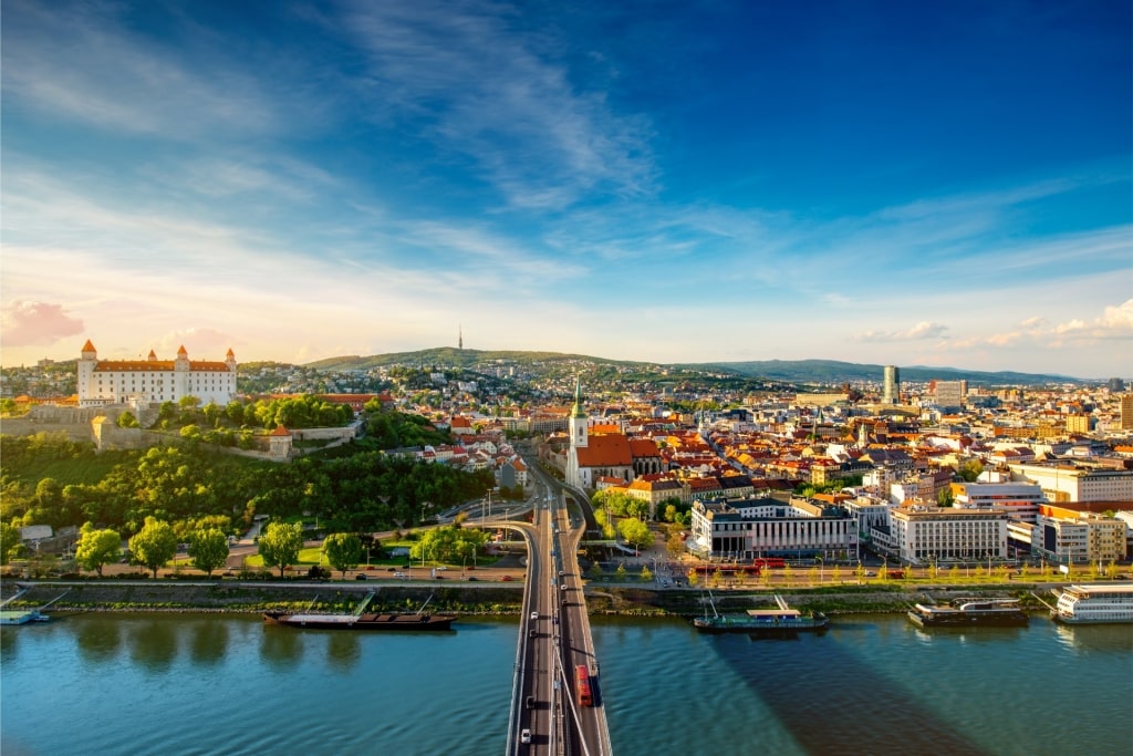 Panoramic skyline of Bratislava from above showing cityscape and river