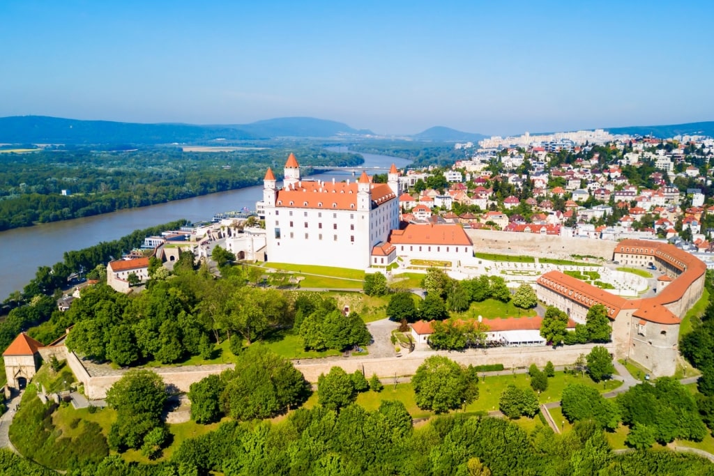 Bratislava Castle hilltop fortress with panoramic Danube River view