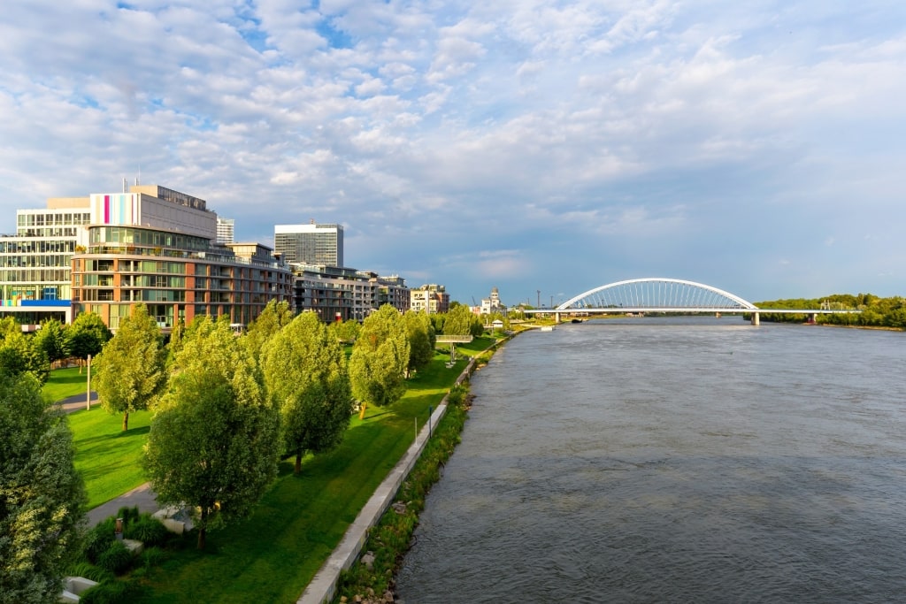 Eurovea waterfront promenade along the Danube River in Bratislava
