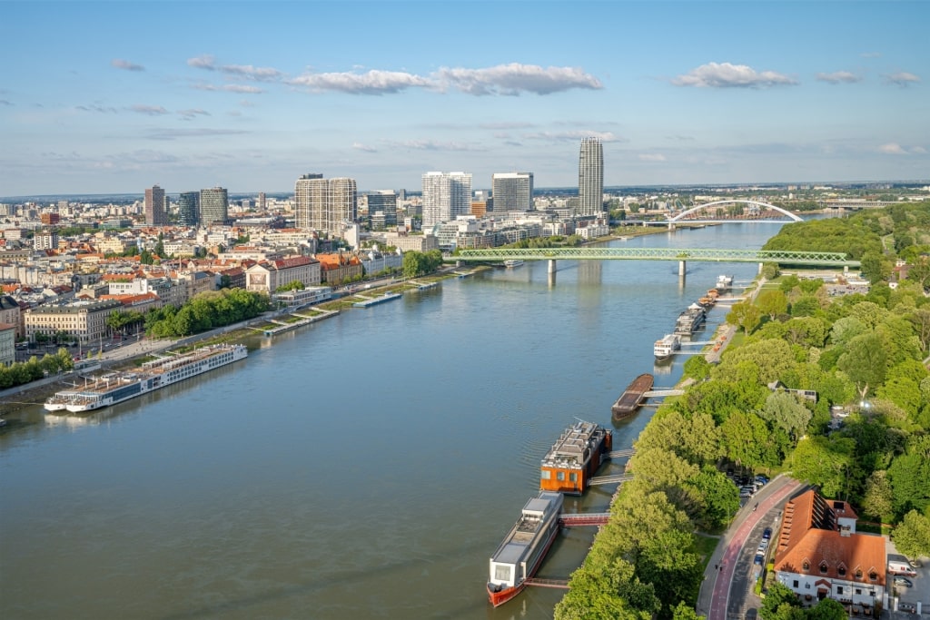 City and river landscape seen from UFO Tower in Bratislava