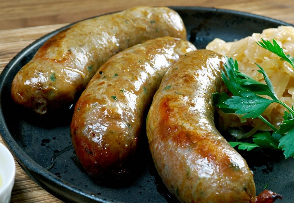 Traditional Knack Strasbourg sausages grilled and served on a plate