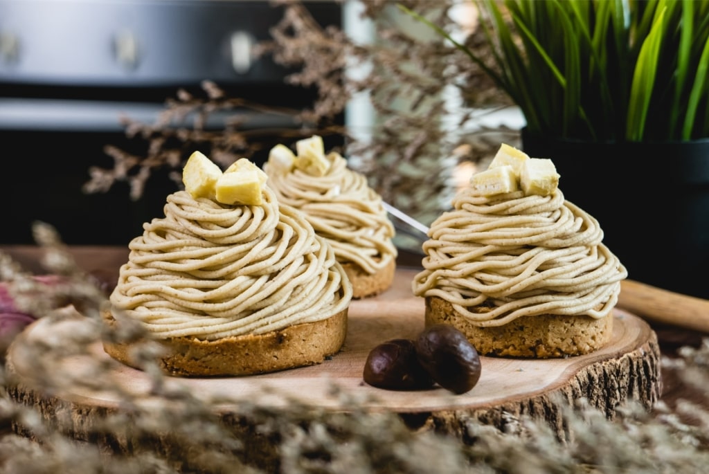 French dessert Torche aux Marrons, classic Mont Blanc-style chestnut pastry