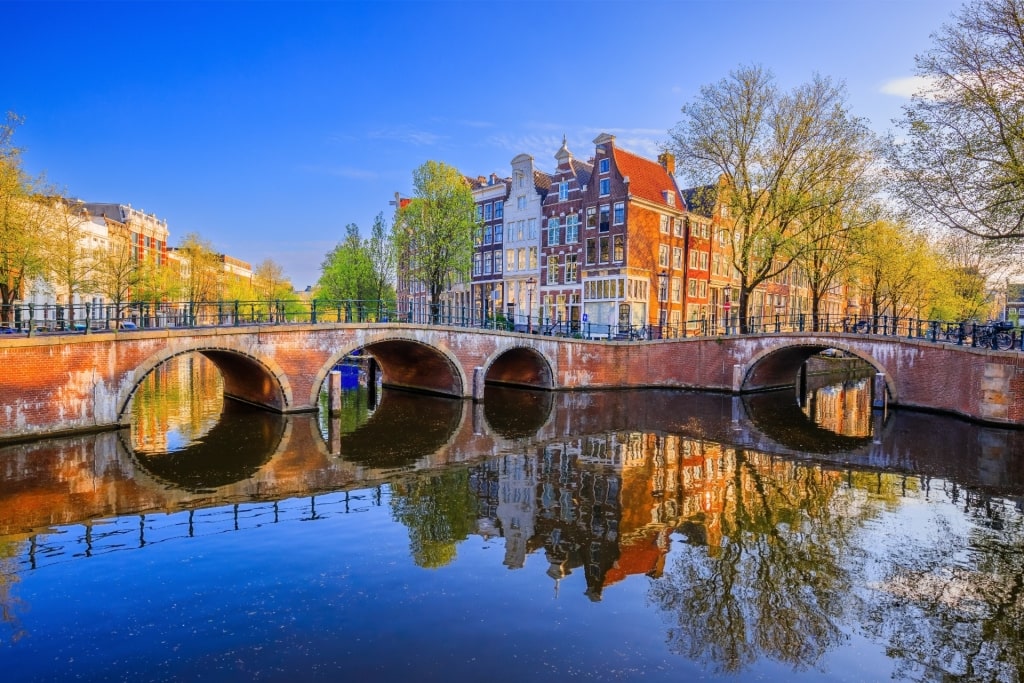 Keizersgracht, one of Amsterdam canals with arched bridges and reflections