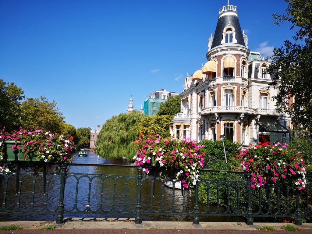View of Museumbrug bridge spanning the canal in Amsterdam