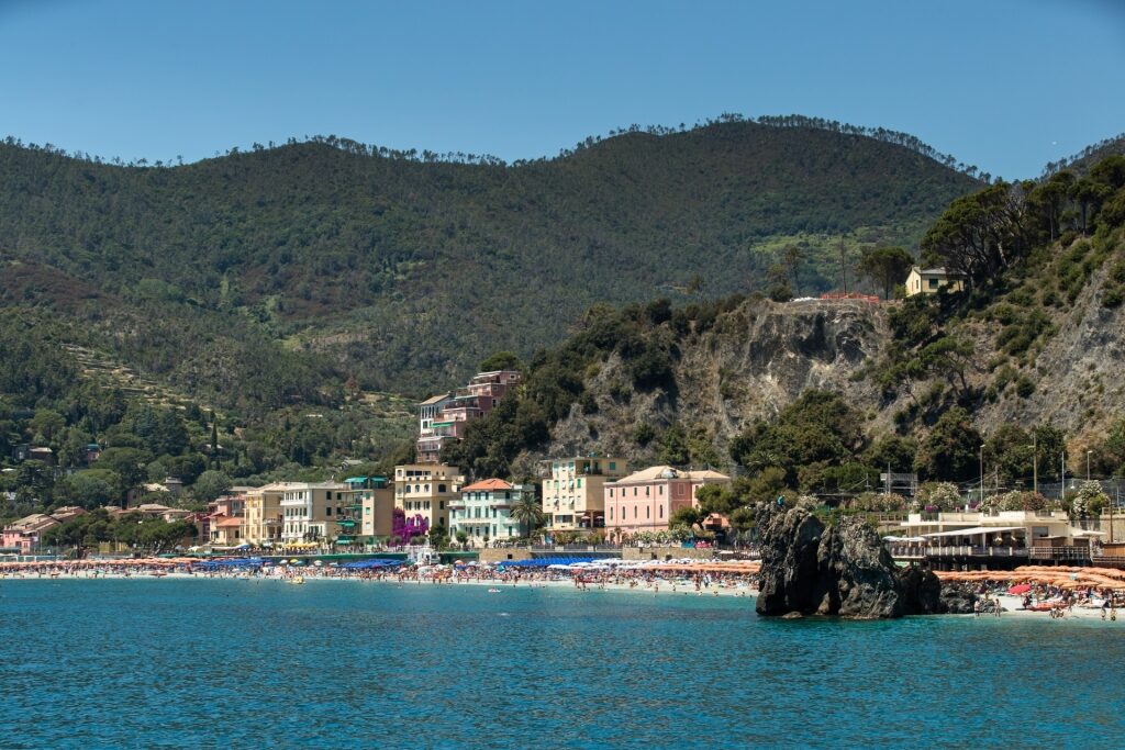 Panoramic landscape of Monterosso beach and harbor in Cinque Terre, Italy