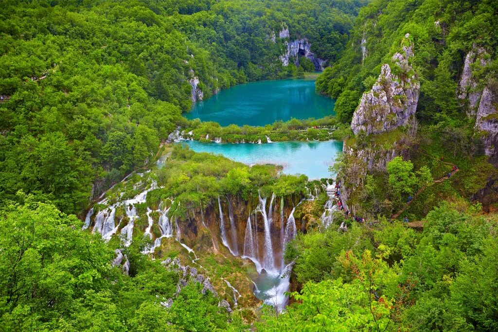 Aerial view of Plitvice Lakes National Park with cascading waterfall