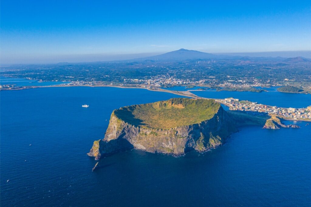 Aerial view of Sunrise Peak volcanic crater in Jeju Island
