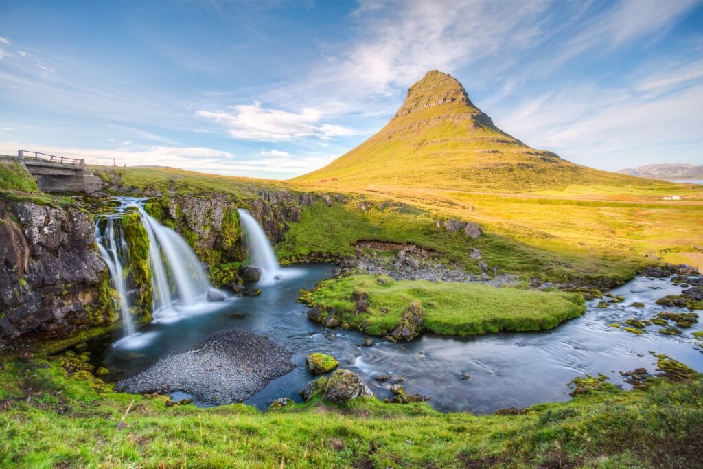 Kirkjufell mountain with waterfall in foreground in Iceland