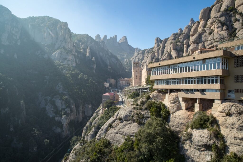 Montserrat mountain range with monastery perched on rocky cliffs in Spain