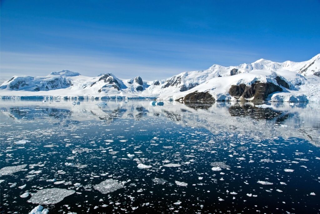 Snowy mountains and icy waters at Paradise Bay, Antarctica