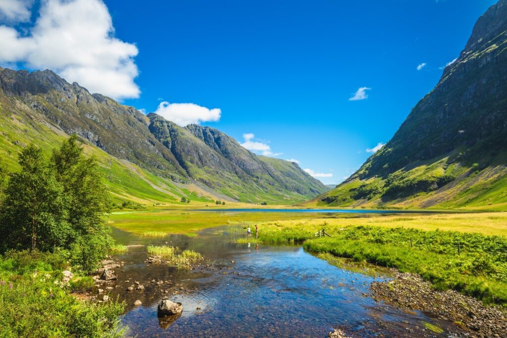 Scottish Highlands scenery with blue sky