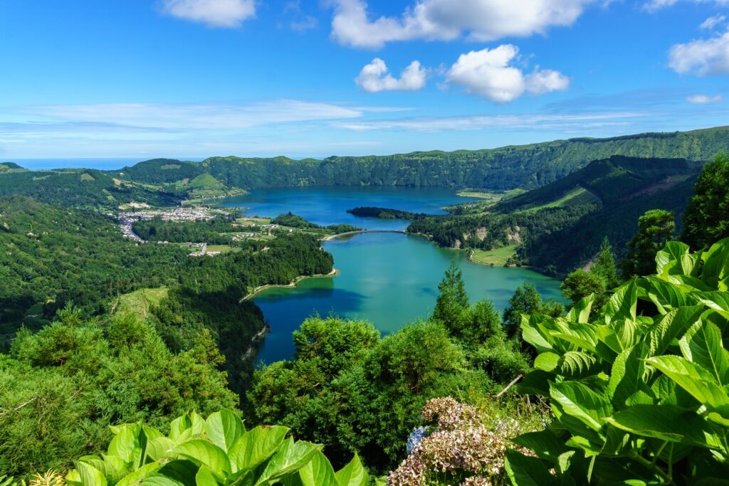 Aerial view of Sete Cidades twin lakes in São Miguel, Portugal