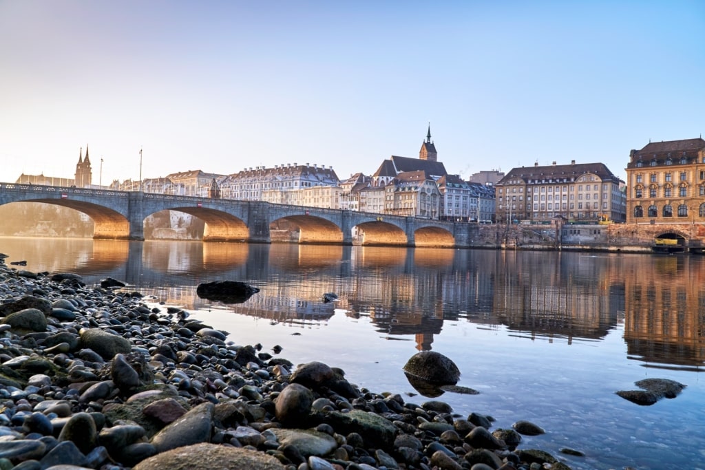 Scenic view of the Rhine River and Mittlere Brücke bridge in Basel, Switzerland