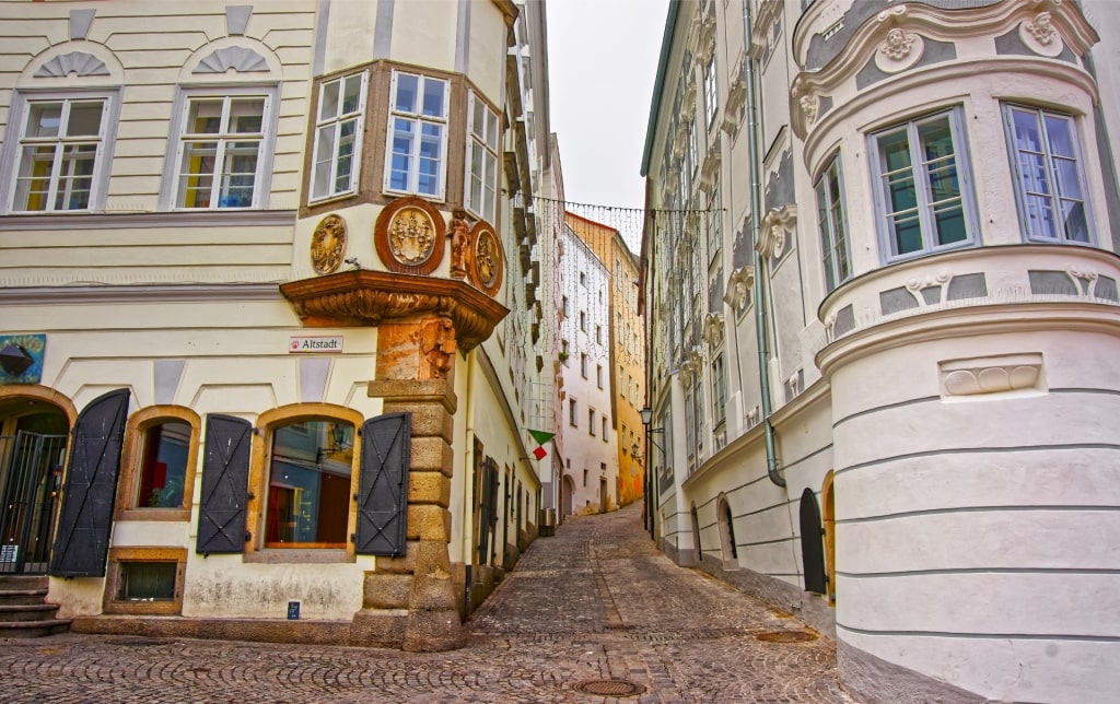 Charming street view of Altstadt Linz, Austria with historic buildings
